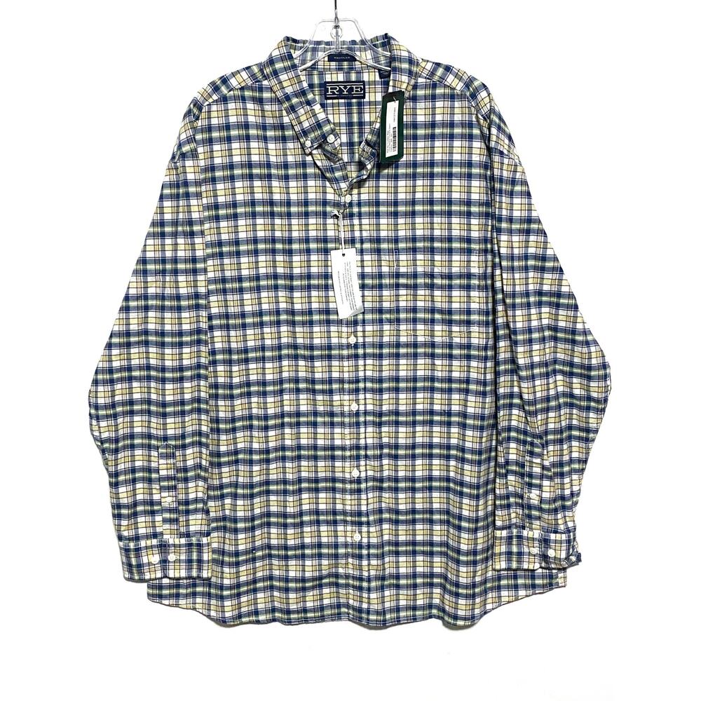 Rye Button Down Oxford Blue Plaid Shirt Mens XXL Short Preppy Office Classic NWT